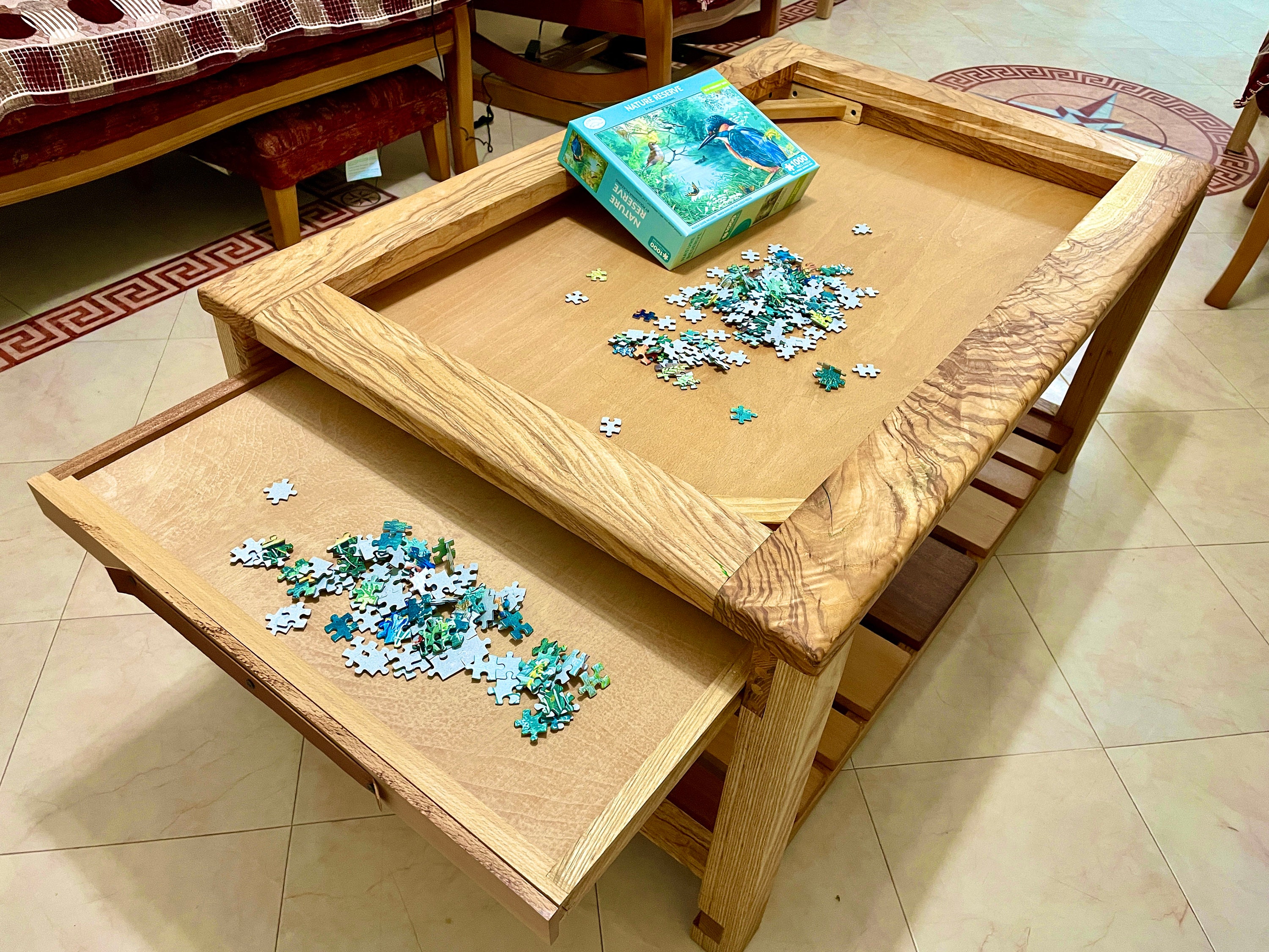 Rustic Puzzle Coffee Table With Removable Glass Top Includes 2