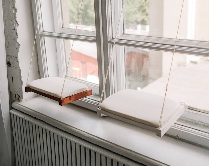 Stuck window cat shelf perch with suction cups, cat window post bed made from natural wood with replacement cover, cat staircase hammock