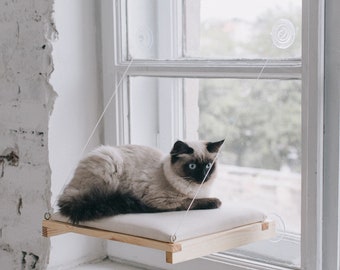 Cama de ventana para gatos con ventosas, almohada de percha de ventana para gatos hecha de madera ecológica natural con funda de repuesto, hamaca de ventana para gatos