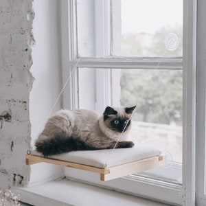 Cat window bed with suction cups, cat window perch pillow made from natural ecological wood with replacement cover, cat window hammock