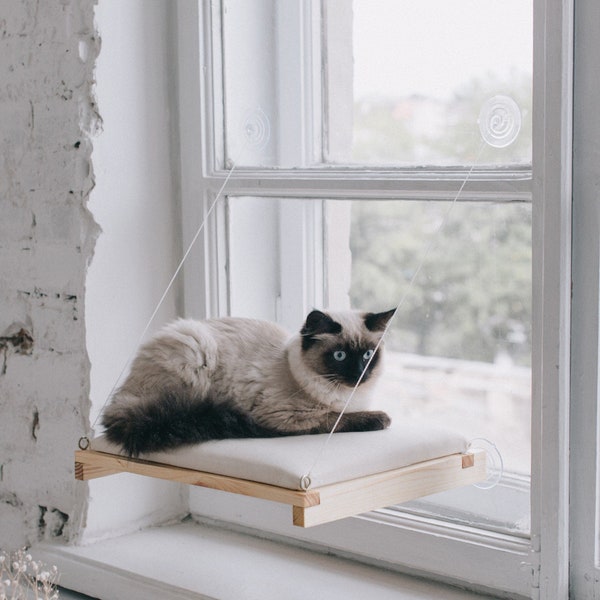 Katzen Fensterbett aus naturbelassenem ökologischem Holz mit Ersatzbezug, Katzen Fensterbarsch, Katzenliebhaber Weihnachtsgeschenk