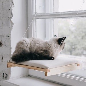 Cat owner Christmas gift, wood cat window catio perch with cat pillow, cat furniture couch for window hammock bed