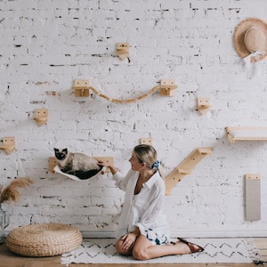 May include: A wall-mounted cat furniture set featuring light-colored wooden platforms, a suspended bridge, and a fabric hammock. The modular system includes multiple shelves, a vertical scratching post, and a cat bed, all attached to a white brick wall.