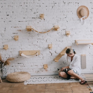 May include: A white brick wall with a cat climbing wall made of wood. The wall features shelves, ramps, and a rope bridge. A woman is sitting on the floor with a cat in her lap.