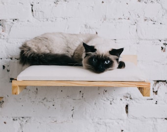 Wooden cat wall mounted bed made from natural ecological wood, cat perch with replacement cover, cat play furniture