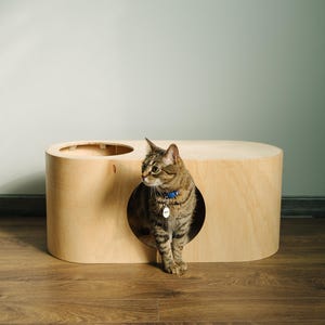 May include: A light-coloured wooden cat house with an oval shape and a circular entrance. A tabby cat with a blue collar is looking to the side, partially inside the house. The cat house is on a wooden floor.