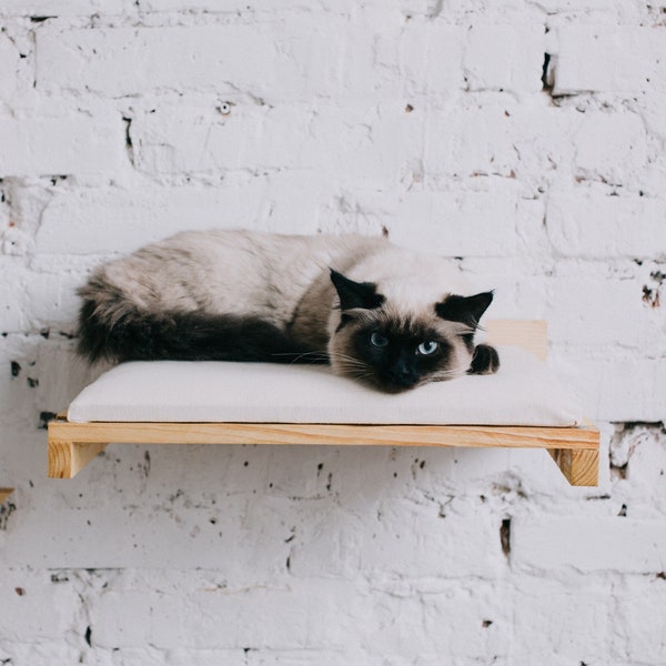 Wooden cat wall mounted bed made from natural ecological wood, cat perch with replacement cover, cat play furniture