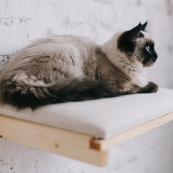 Wooden cat wall hanging bed made from recycled wood, cat perch with replacement cover, cat play furniture