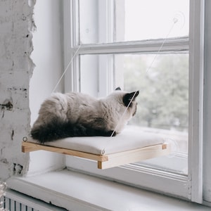 Cat window hammock made from natural ecological wood with cotton replacement cover, cat window bed