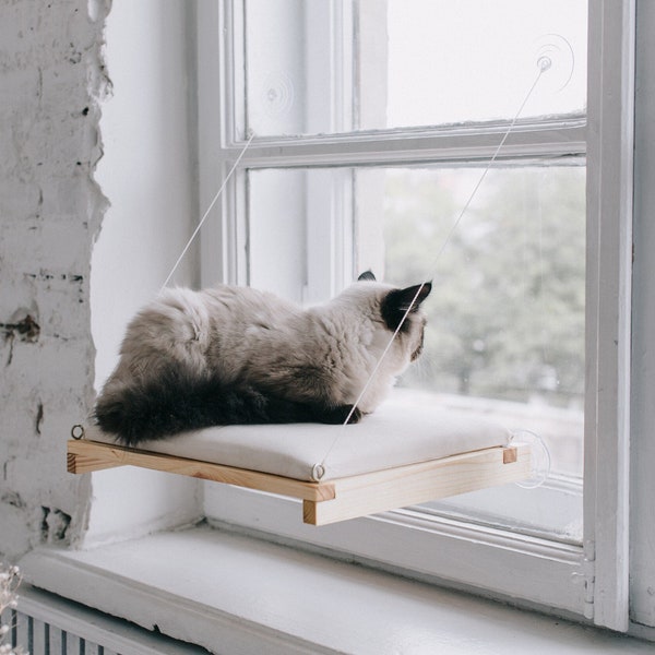 Poteau d'escalier pour fenêtre pour chat en bois naturel écologique avec housse de rechange, lit pour chat avec fenêtre