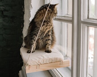 Solid wood cat window perch with replacement cover, window hammock, bed and post, pet lover gift