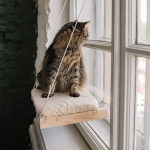 Solid wood cat window perch with replacement cover, window hammock, bed and post, pet lover gift