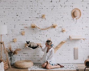 Handmade cat wall shelves set (furniture cat tree post) made from natural eco-wood includes bed, hammock, steps, bridge, scratcher, ladder