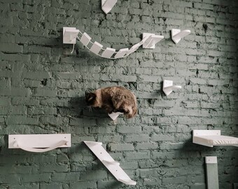 Massives Naturholz Katzen Wandregal Set, Katzenspielplatz Möbelpfosten, Katzenbett, Regale, Katzenhängematte, Katzenstufen, Brücke, Kratzpfosten