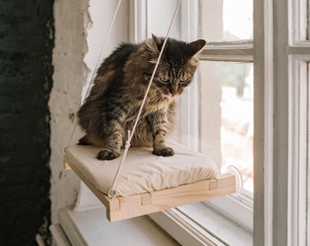 Katzen Fenster Sitzstange aus massivem Holz mit Ersatzbezug, Fensterhängematte, Bett und Pfosten, Geschenk für Tierliebhaber