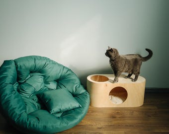 Wooden cat indoor house with pillow, modern bed perch, handmade furniture cave post, pet sleeping place, Mother&#39;s Day gift for dog, rabbit