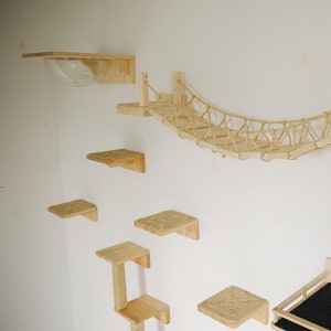 Móvel de parede com escada para gatos, conjunto rústico de prateleiras e parede de escalada, playground de madeira estilo selva, cama, degraus, arranhador para gatos