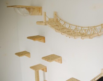 Cat staircase wall furniture post, rustic climbing wall tree shelves set, wooden jungle gym playground, bed, steps, stairs, cat scratcher