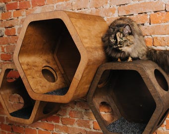 Modern hexagon cat indoor house, playground wall shelves set, minimalist honeycomb hex cat furniture, wall mounted cat house post