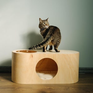 May include: A tabby cat stands on a light-coloured wooden cat house with a circular opening. The cat is looking over its shoulder. The cat house has a rounded rectangular shape and a soft, white cushion inside.