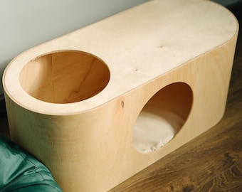 Cat owner Christmas gift, wooden catio, indoor house with pillow, modern cat bed perch, handmade furniture cave post, puppy sleeping place