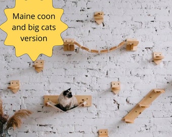 Grote kattenwandklimpaal (set Maine Coon-meubelplanken) inclusief kattenmand, kattenhangmat, kattentrapje, brug en krabpaal