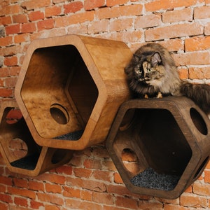 Modern cat wall furniture post, hexagon cat wall shelves set, minimalist honeycomb cat furniture, wall mounted cat house post