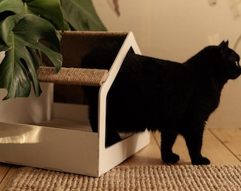 Casa moderna per gatti da interno con cuscino e tiragraffi, cuccia/supporto per gatti, mobile in legno a forma di grotta, posto letto per animali domestici, regalo di Natale per cani