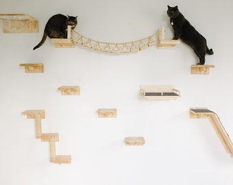 Floor to ceiling cat tree post (furniture cat shelves) includes bed, hammock, steps, bridge, scratching post, climbing playground jungle gym