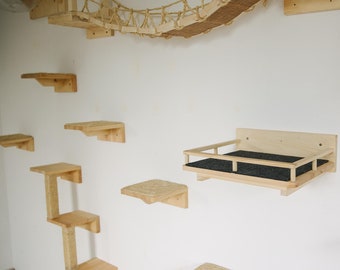 Móveis de parede modernos para gatos grandes, conjunto rústico de árvore para escalada para Maine Coon, playground com estrutura de escalada, cama, degraus, escada e arranhador.