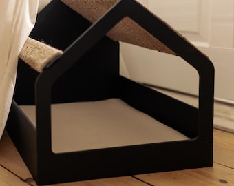 Wooden cat indoor couch, house with pillow and scratcher, cat bed perch, modern furniture cave post, sleeping place, Christmas gift for pet