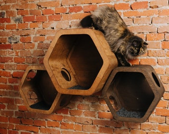 Kat muur zeshoekige planken set, minimalistische honingraat kattenspeelmeubels, aan de muur gemonteerde kattenhuispost