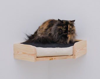 Houten katten aan de muur gemonteerd hoekbed met 2 zijkussen gemaakt van natuurlijk ecologisch hout, kat hangende baars, kattenmeubel post