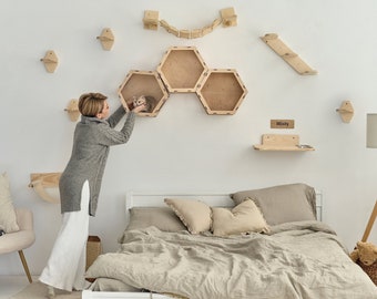 Cat staircase climbing wall post, wall shelves set includes feeder bed, hammock, steps, bridge, stairs and hexagons, floating cat furniture