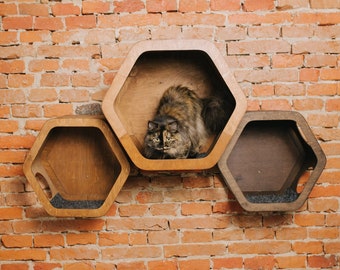 Cat wall ceiling furniture post with shelves and house in minimalist hexagon and honeycomb style, cat lover new home Christmas gift