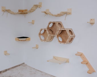 Cat playground shelves for wall set, pet furniture post includes hexagons, corner bridge, bed and corner bed, stairs, steps and hammock