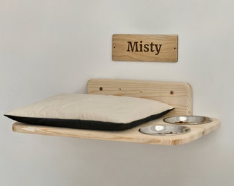 Сat food shelf with 2 bowls, custom name cat wall hanging bowl feeder stand with pillow, cat feeding bed, cat wall furnture post