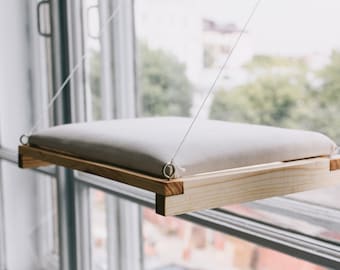 Katzenfenstertreppe aus Holz, Catio-Sitzstange mit Katzenkissen, Katzenmöbel, Fenster-Hängemattenbett, Geschenk für Katzenliebhaber