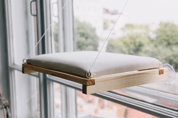 Wood cat window catio perch with cat pillow, cat furniture window hammock bed, cat lover gift