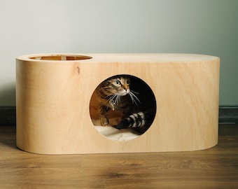Moderne kattenbank met kussen, binnenhuis voor huisdieren, grote kattenmand, houten handgemaakte grotpaal, slaapplaats, kerstcadeau