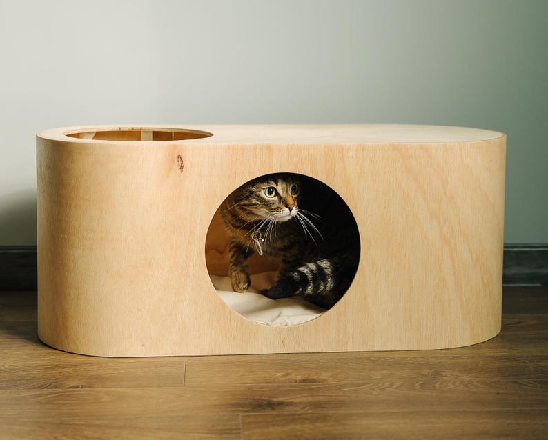 Modern cat condo couch with pillow, pet indoor house furniture, large bed perch, wooden handmade cave post, sleeping place, Christmas gift