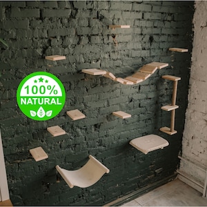 Natural wood cat shelf set, climbing wall post, play furniture playground includes bed, hammock, cat steps, bridge, scratching post