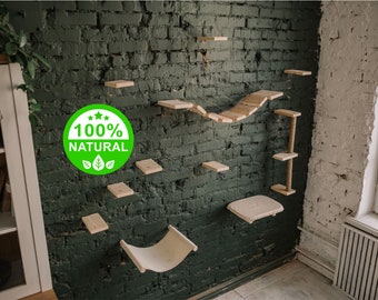 Natural wood cat climb post, cat wall furniture set, shelves kit includes bed, hammock, cat steps, bridge, scratching post