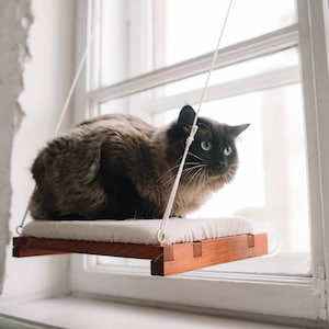 Cat window bed with suction cups, cat window perch pillow made from natural ecological wood with replacement cover, cat window hammock
