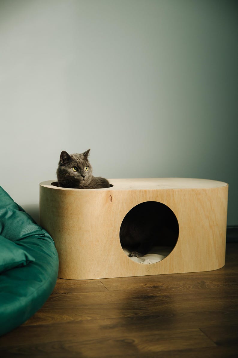 Modern cat condo couch with pillow, pet indoor house furniture, large bed perch, wooden handmade cave post, sleeping place, Christmas gift