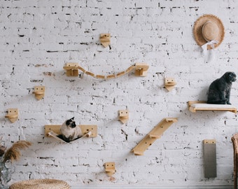 Poteau d'escalier mural en bois de pin pour chat (ensemble d'étagères pour meubles d'aire de jeux) comprenant un lit pour chat, un hamac pour chat, des marches pour chat, un pont, un griffoir