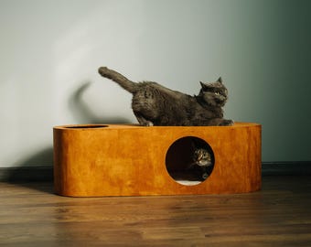 Modern catio furniture, pet indoor house with pillow, cat bed perch, wooden handmade cave post, sleeping place, Christmas gift