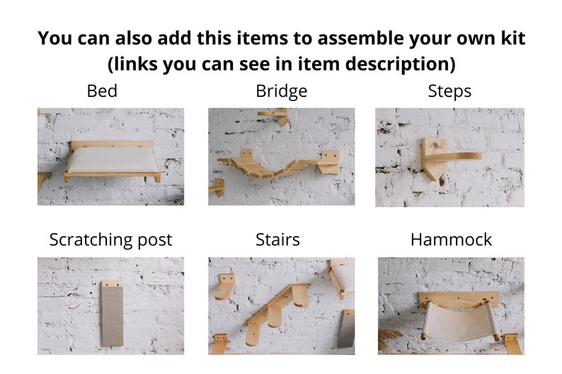 Grote en grote kattenmuurmeubels, kattenklimmuurpaal, kattenmuurstok en ladder, houten zwevende trappen en bed, zwevende kattenmuurplanken afbeelding 8
