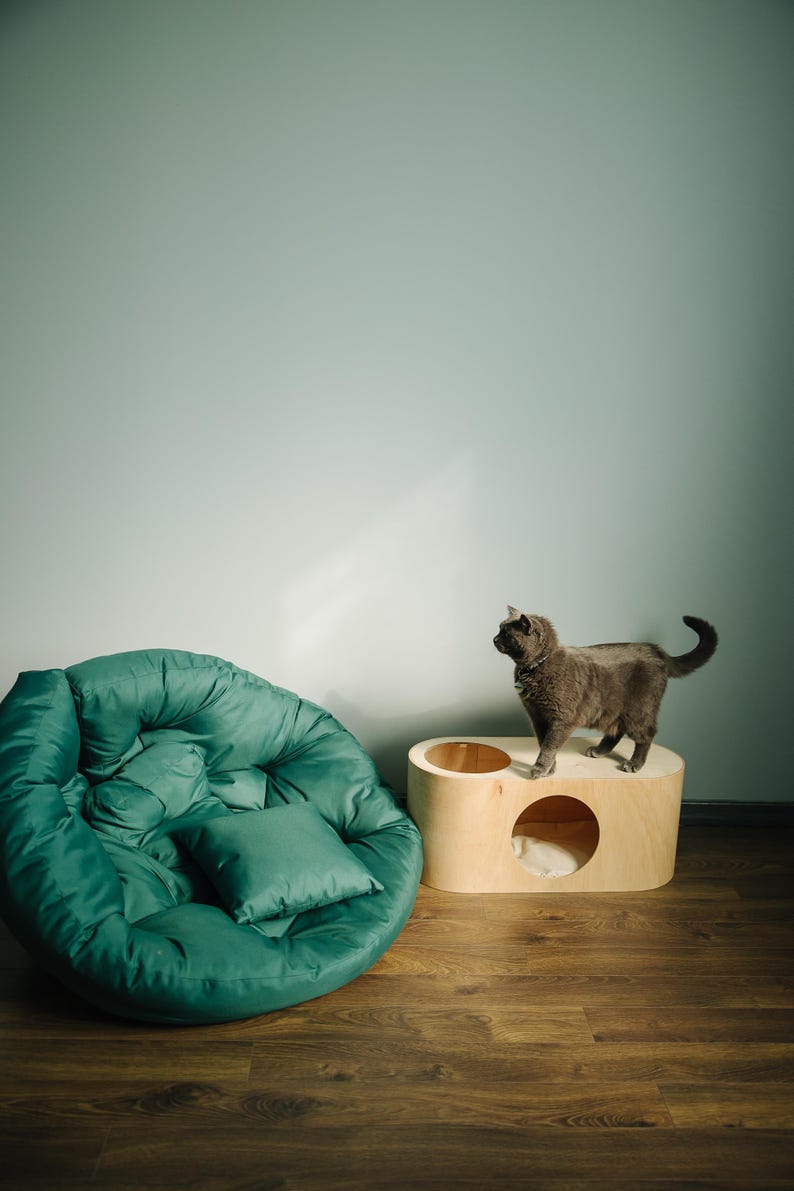 Modern cat house with pillow, pet indoor furniture, large cat bed perch, wooden handmade cave post, sleeping place, Mother's Day gift