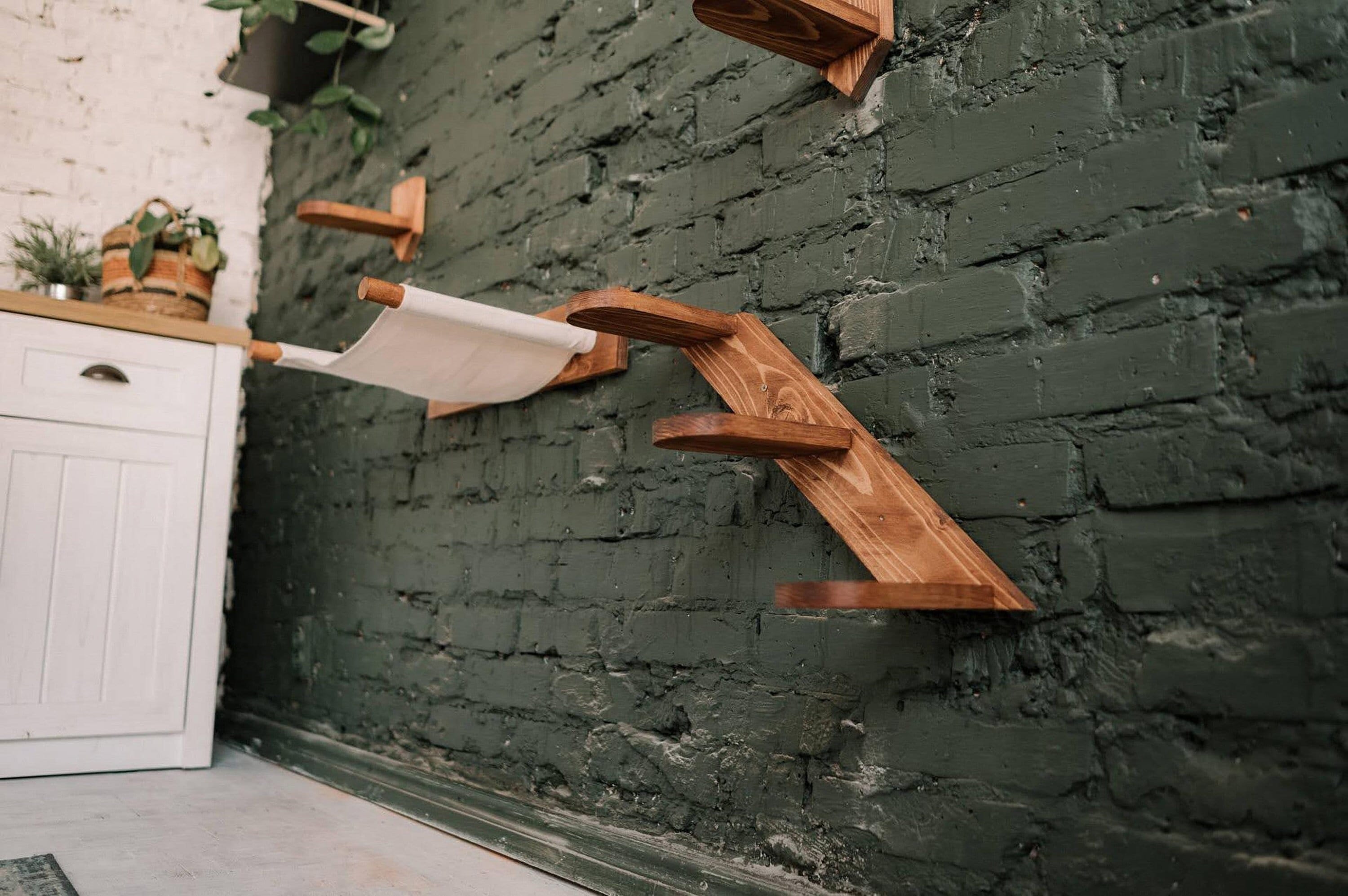 Wood cat wall ladder stairs, wall furniture steps with carpet or sisal rope, cat wall shelves, cat wall post, Birthday cat lover gift